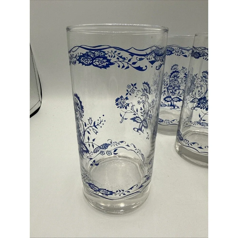 Vintage Libbey Corelle Blue Floral 1985 12 Oz Tumblers Set 4 Blue Onion Style